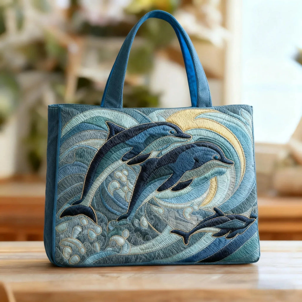 海のイルカの手作りキルトバッグ