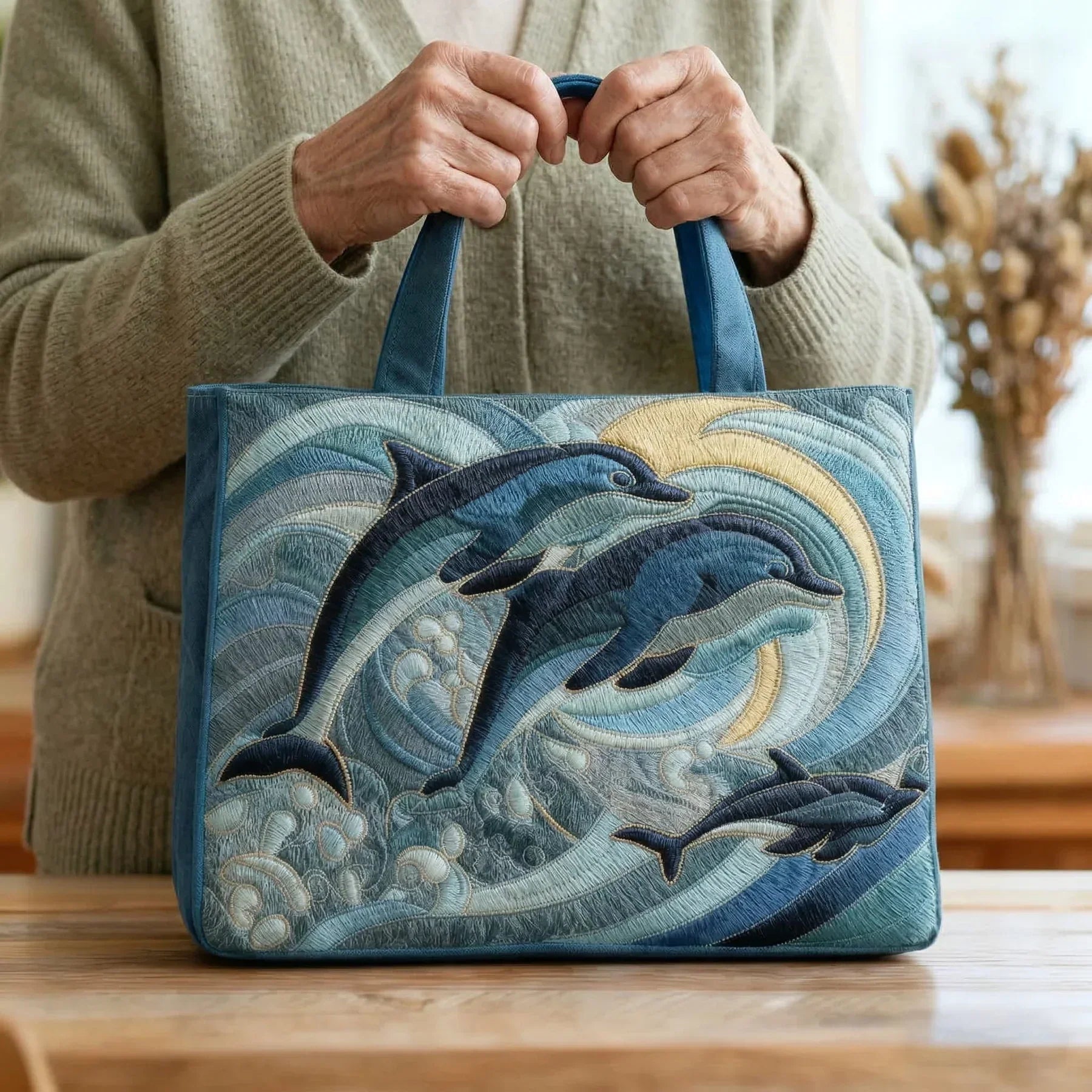 海のイルカの手作りキルトバッグ