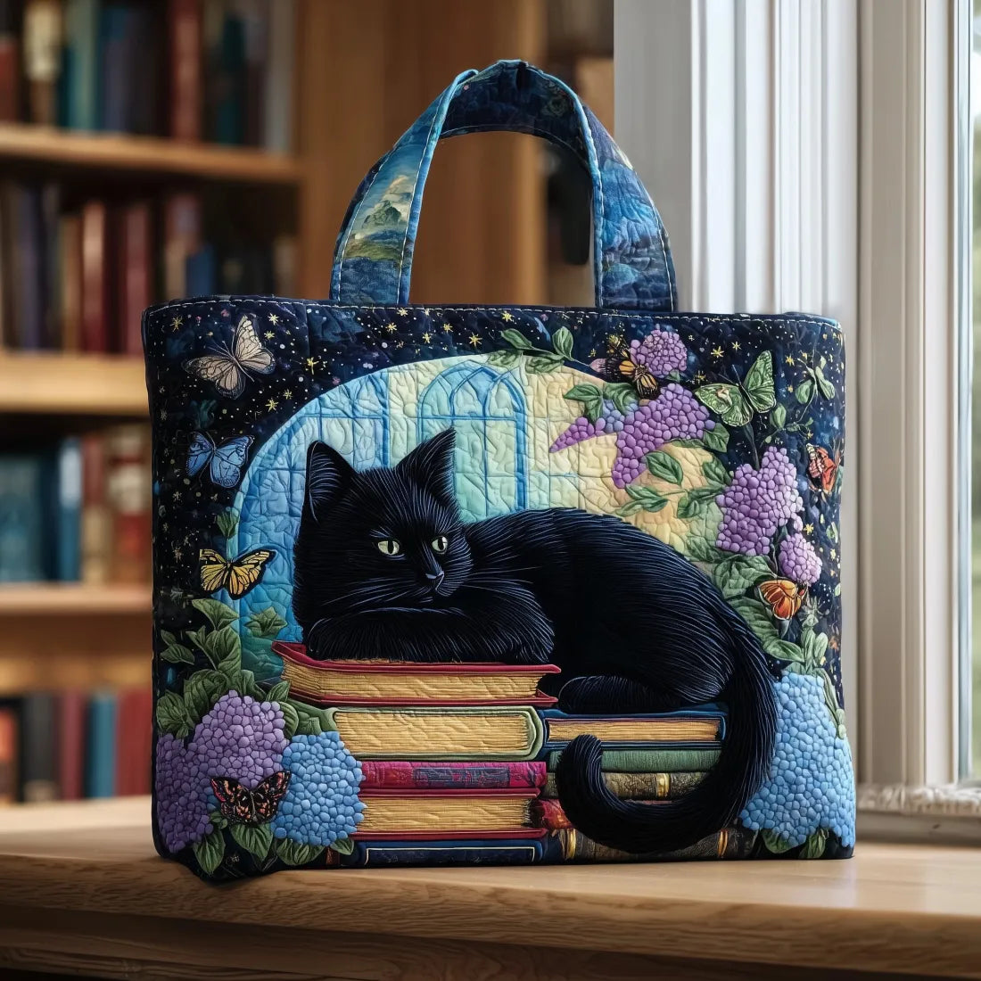 黒猫と本の手作りキルトバッグ