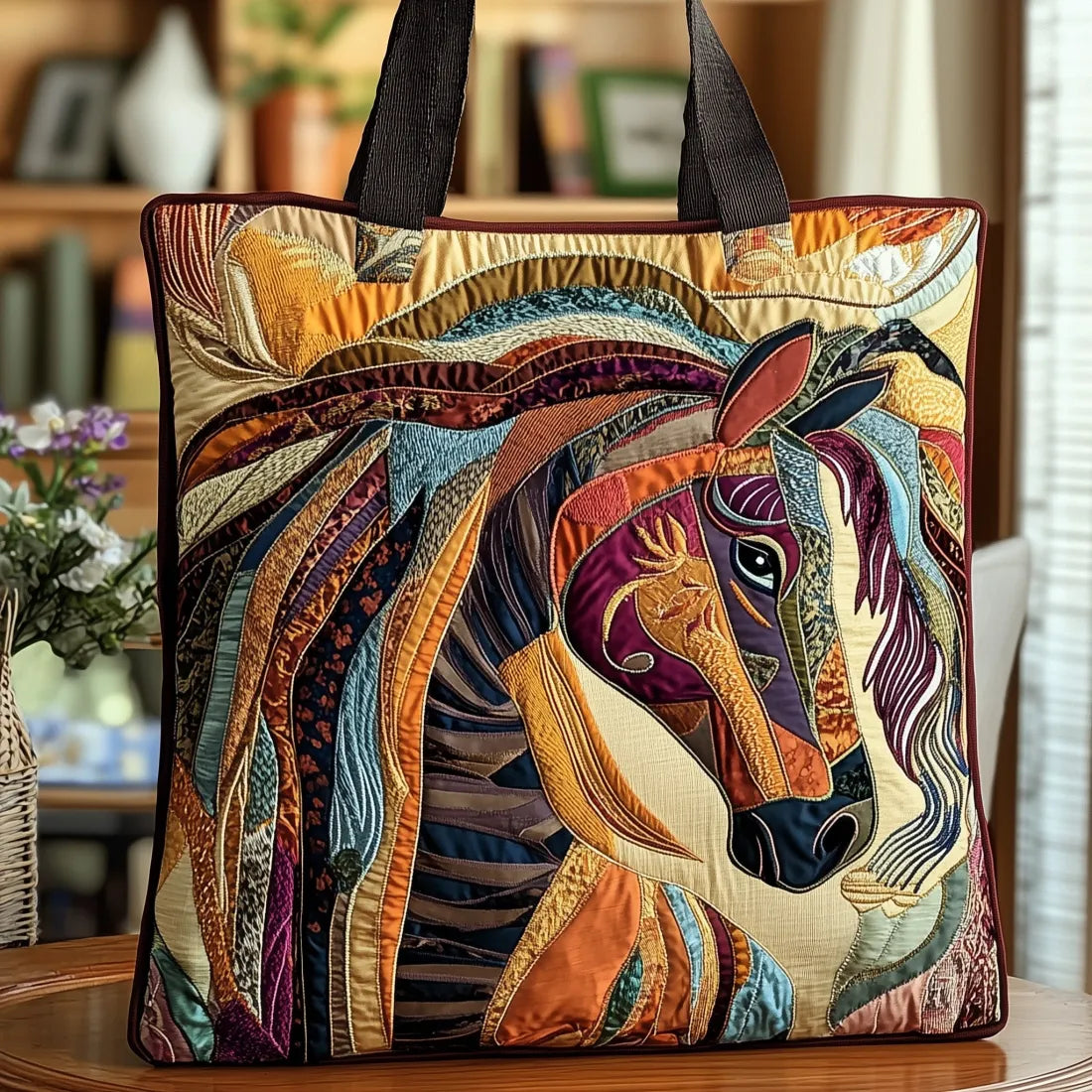 カラフルモザイクの馬の手作りキルトバッグ