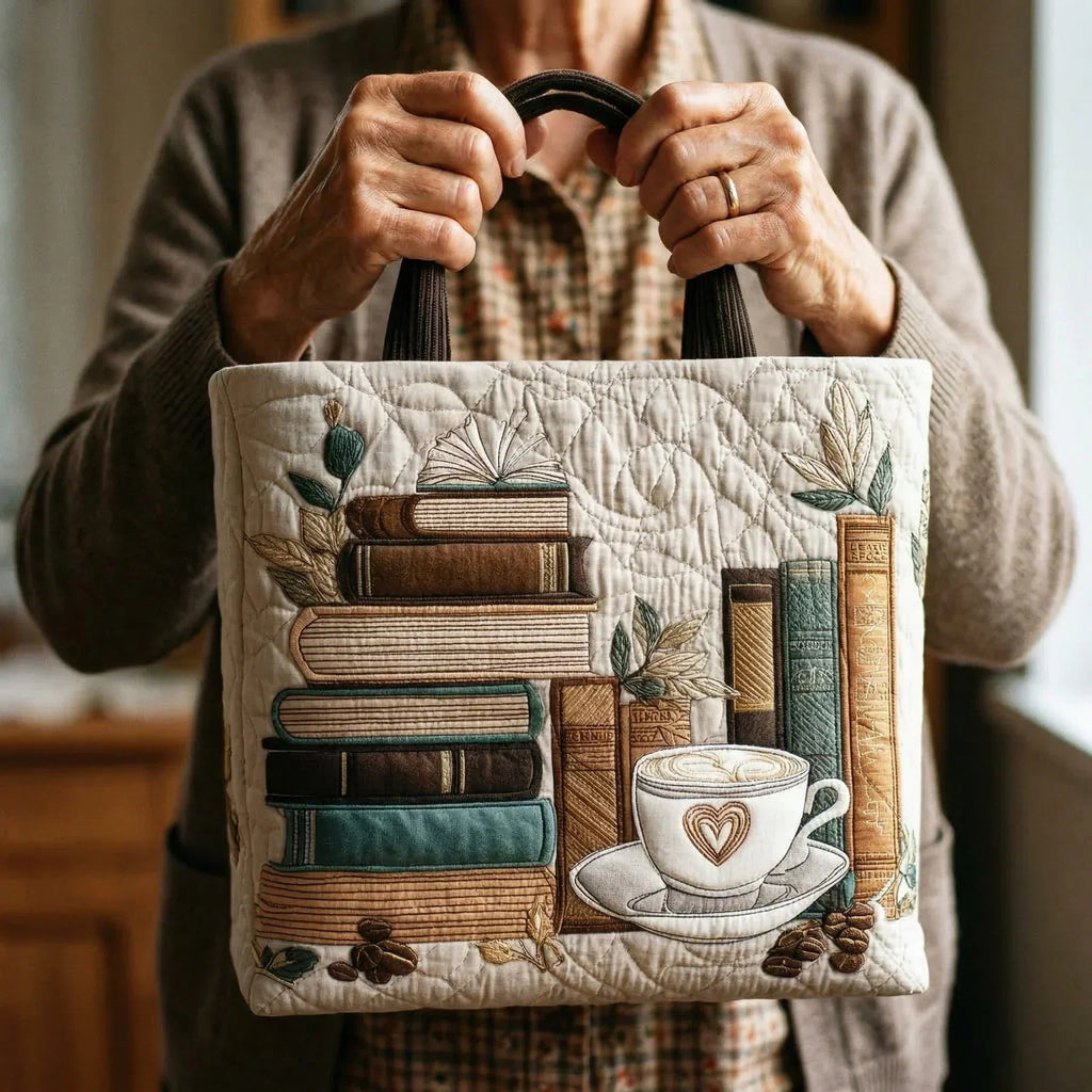 本とコーヒーの手作りキルトバッグ